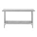 A stainless steel work table with an undershelf and four legs.