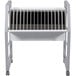 A white metal rack with black and white stripes holding a Luxor open charging cart with tablets and Chromebooks on it.