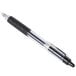 A close-up of a Universal One black and clear gel pen with silver tip.