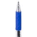 A close up of a Universal One blue gel pen with a clear barrel and silver tip.