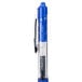 A Universal One blue gel pen with a black and silver cap.