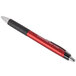 A red pen with a black tip and handle.