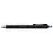 A close-up of a Universal One blue fine point pen with a black comfort grip.