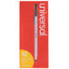 A red and white Universal box of 12 black oil-based ballpoint pens.