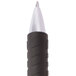 A close up of a black Universal medium point rollerball gel pen with silver tip.