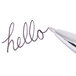 The Universal medium point black gel pen writing "hello" in cursive.