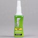 A clear plastic bottle of Krazy Glue with a green cap.