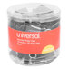 A clear container of Universal black binder clips in small and medium sizes.