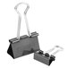 A pair of black Universal black binder clips with metal handles.