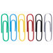 A box of Universal assorted color vinyl-coated paper clips with yellow, green, blue, red, and black paper clips.