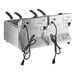 A stainless steel commercial countertop deep fryer with dual baskets and power cords.