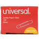 A red Universal box of 1000 silver jumbo paper clips with a paper clip on it.