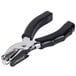 A Universal handheld 1 hole punch with a black and silver design and rubber grip.