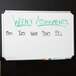 A Universal white magnetic steel dry erase board with writing on it.