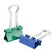 A green and blue Universal small binder clip.