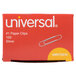 A red and white Universal box of 100 silver smooth finish #1 standard paper clips with a paper clip on the front.