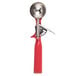 A red and silver Vollrath Jacob's Pride thumb press ice cream scoop.