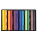 A black tray with 12 colored drawing chalk sticks.