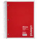A red Universal 5 subject college ruled notebook with white writing on it.