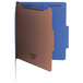 A blue Universal letter size classification folder with a brown cover.