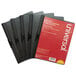 A group of black folders with clear covers and clip fasteners.