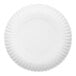 A Choice white paper plate with a scalloped edge.