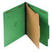 A close-up of a Universal green letter size classification folder with brown paper inside.