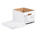 A Universal white corrugated storage box with an open lid.