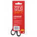 A package of Universal stainless steel scissors with a black handle and a bar code.