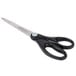A close-up of Universal stainless steel scissors with black handles.