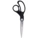 Universal stainless steel scissors with black bent handles.