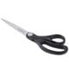 A close-up of Universal stainless steel scissors with black bent handles.