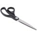 Universal stainless steel scissors with black bent handles.
