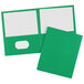 A green folder with white paper in it.