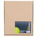 A brown cardboard box with a green and blue label.