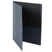 A dark blue paper pocket folder with black embossed cover.