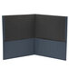 A dark blue Universal letter size pocket folder with embossed paper and black pockets.