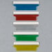 A row of colorful plastic dividers with white rectangular tabs.