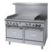 A stainless steel Garland gas range with 2 burners.