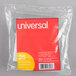 A red package of Universal clear plastic hanging file tabs with white text on the label.