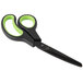 A pair of Universal carbon-coated scissors with black and green handles.