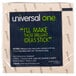 A fan-folded stack of Universal bright color pop-up notes with green and white text on blue squares.