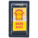 A Universal yellow "Sign Here" arrow page flag with red text in a plastic dispenser.