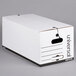 A white Universal economy fiberboard storage box with black tie closure.