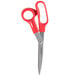 A close-up of a 3-pack of Universal stainless steel scissors with red bent handles.