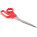 A close-up of a Universal stainless steel scissors with red bent handles.