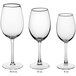 Three Acopa Select Blanc wine glasses with measurements on a white background.