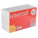 A package of Universal white unruled index cards.