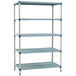 A blue MetroMax Q metal shelving unit with four shelves.