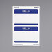 A white rectangular card with a blue border and white and blue text that says "Hello"